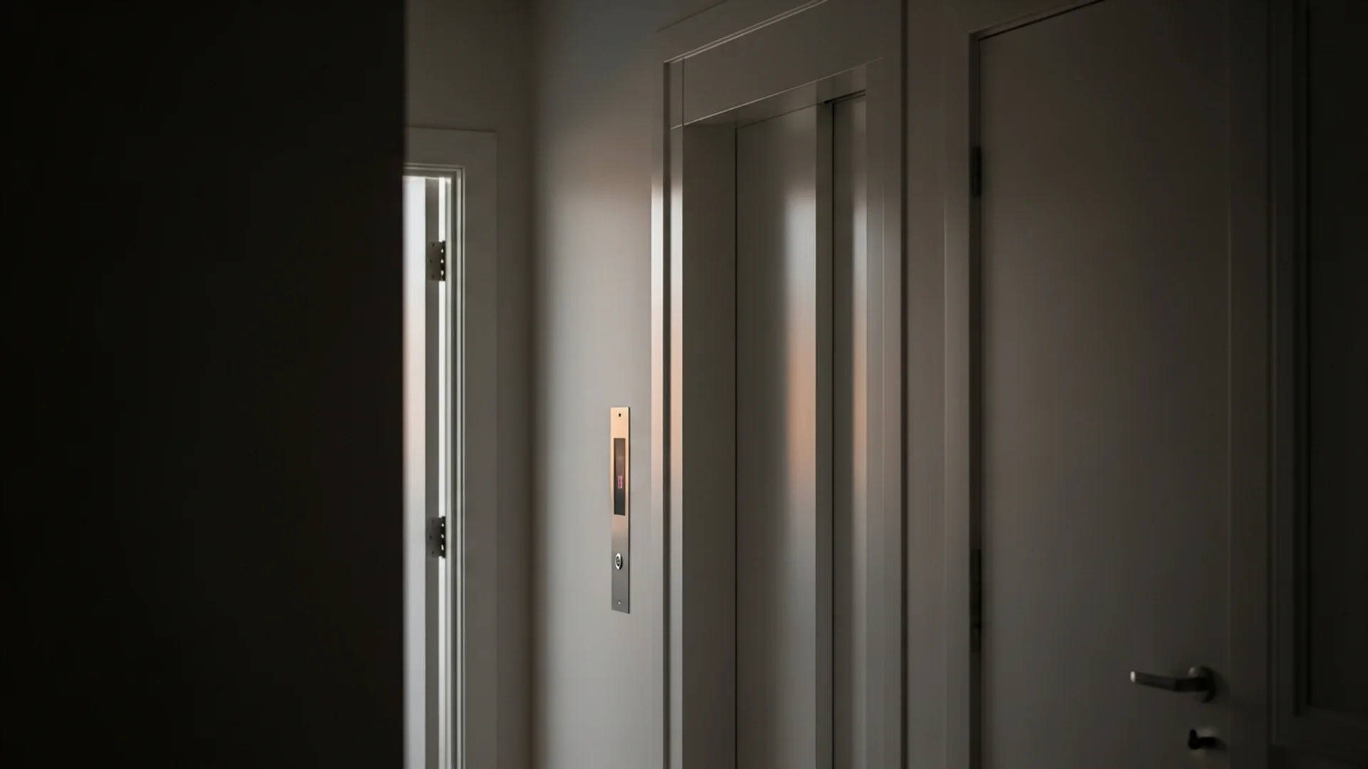 A home lift blending quietly into a softly lit Australian home hallway near bedroom doors in the evening
