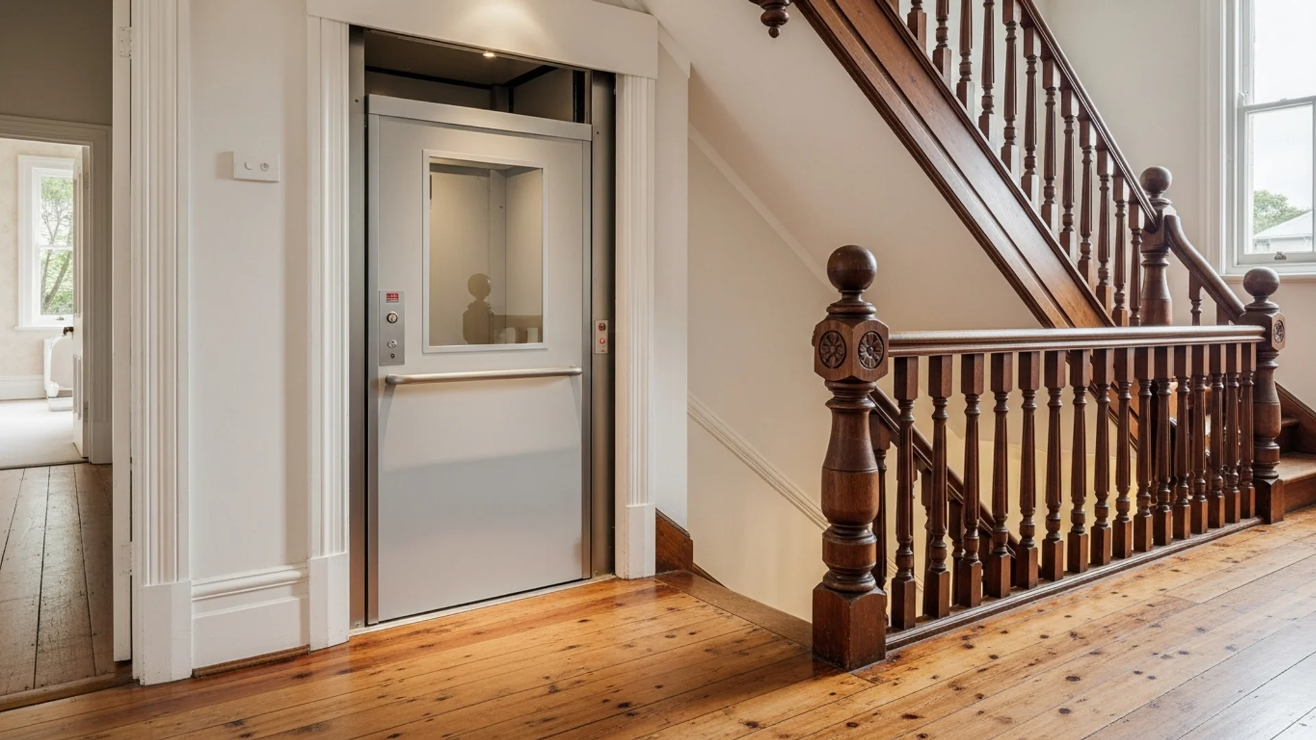 A compact home lift retrofitted into a former stairwell void beside timber balustrades in an older Australian home, warm interior daylight