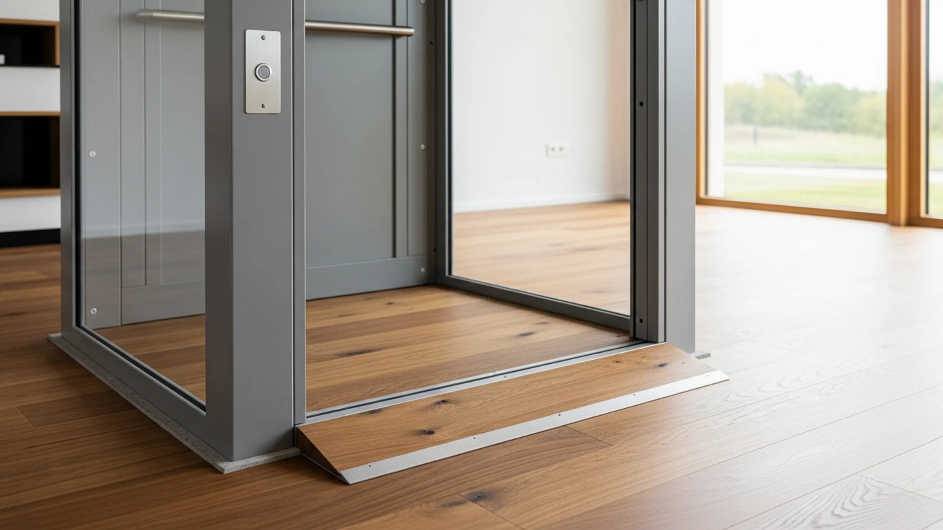 A compact home lift sitting on a finished timber floor with a low ramped threshold and a slab base at the entry, bright interior daylight