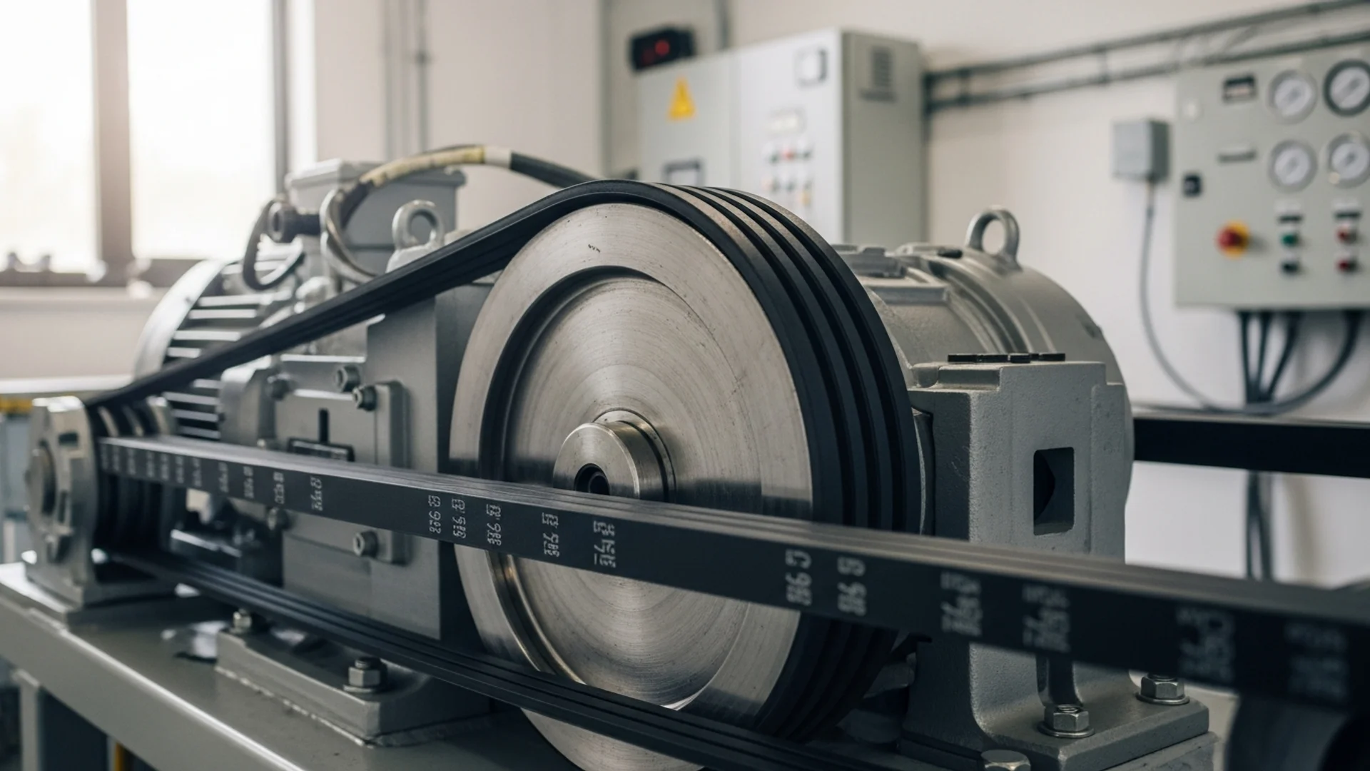 Close view of a lift traction machine showing the drive sheave, flat suspension belts and steel components under clean technical lighting