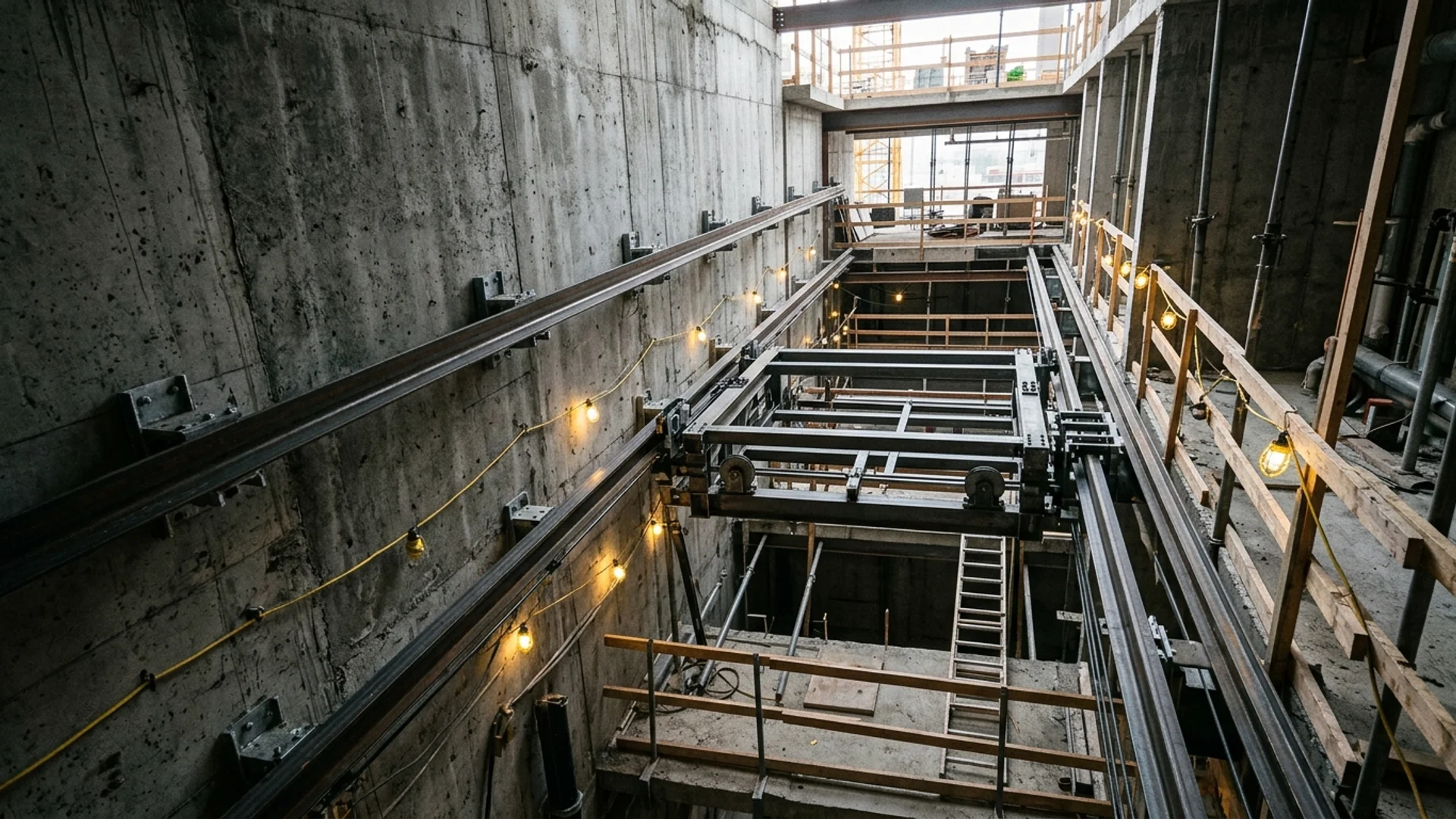 Commercial lift shaft mid-installation with steel guide rails bolted to the concrete wall and a partly assembled car frame under temporary work lighting