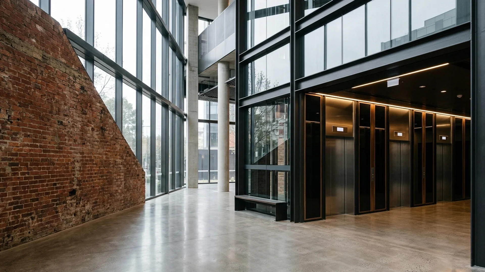 A row of dark steel and glass passenger lifts in a contemporary Melbourne office building foyer