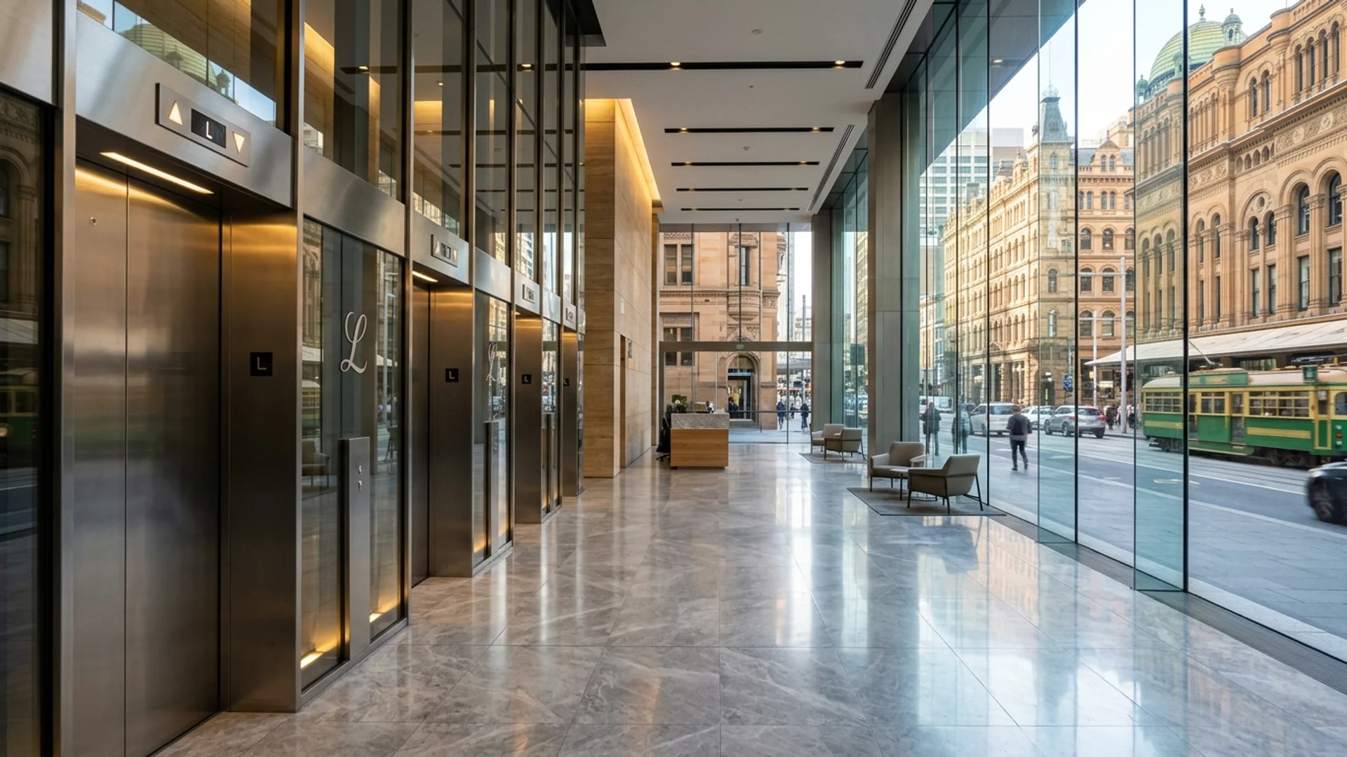 A bank of glass and brushed-steel passenger lifts in a modern Sydney CBD office tower lobby