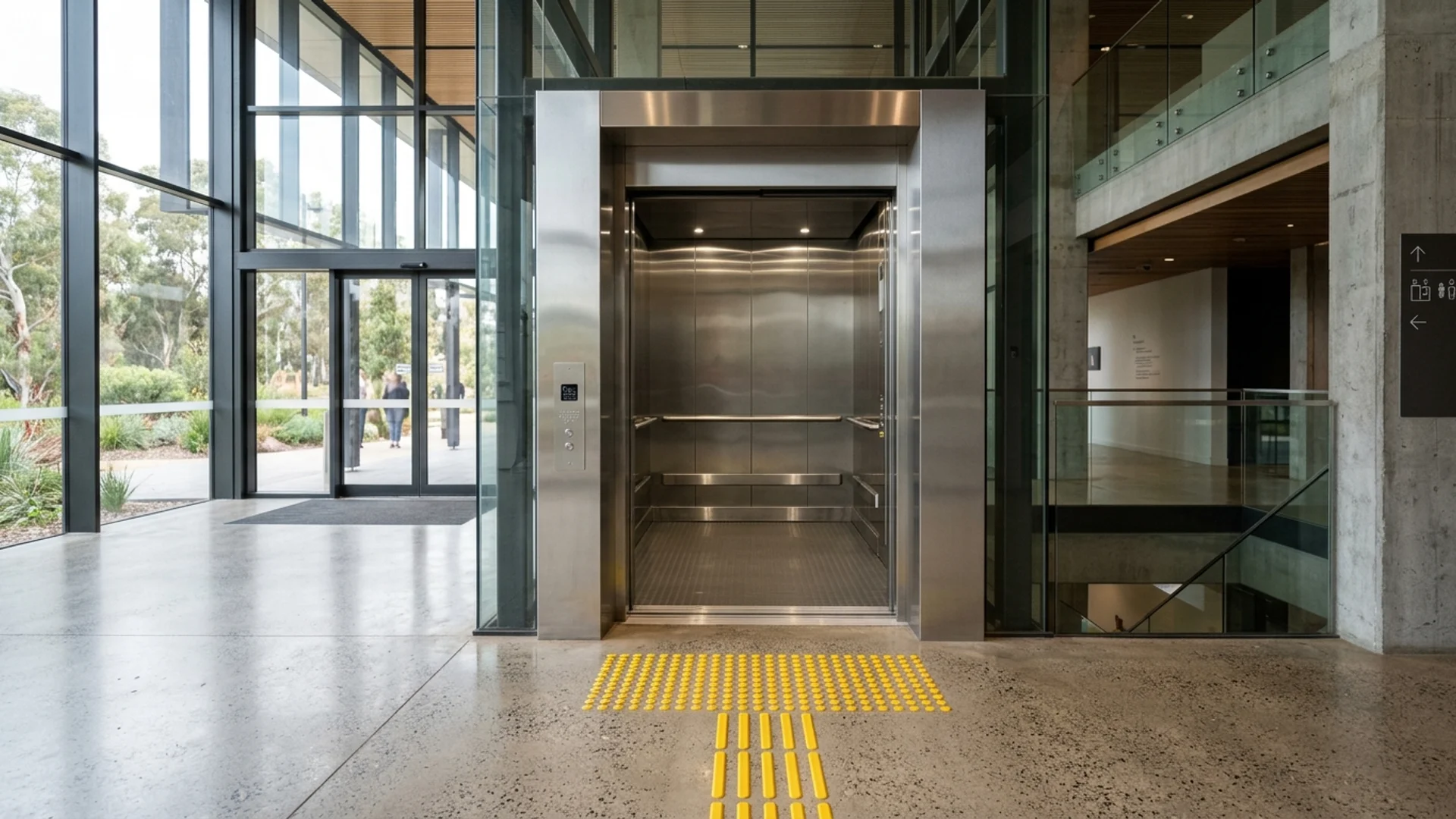 DDA-compliant platform lift at the entrance of an Australian public building with tactile indicators and handrails