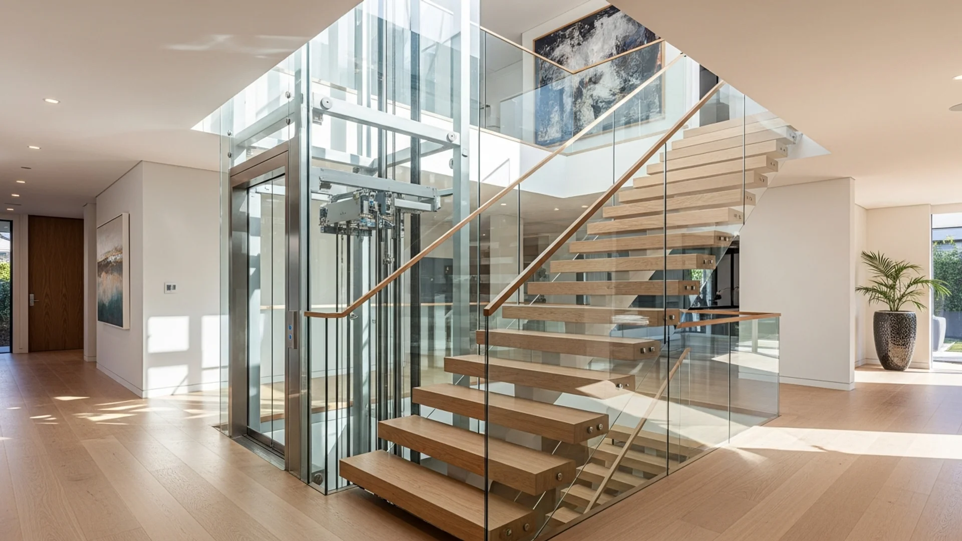 An upmarket multi-level contemporary Australian home with a glass home lift beside a floating timber staircase