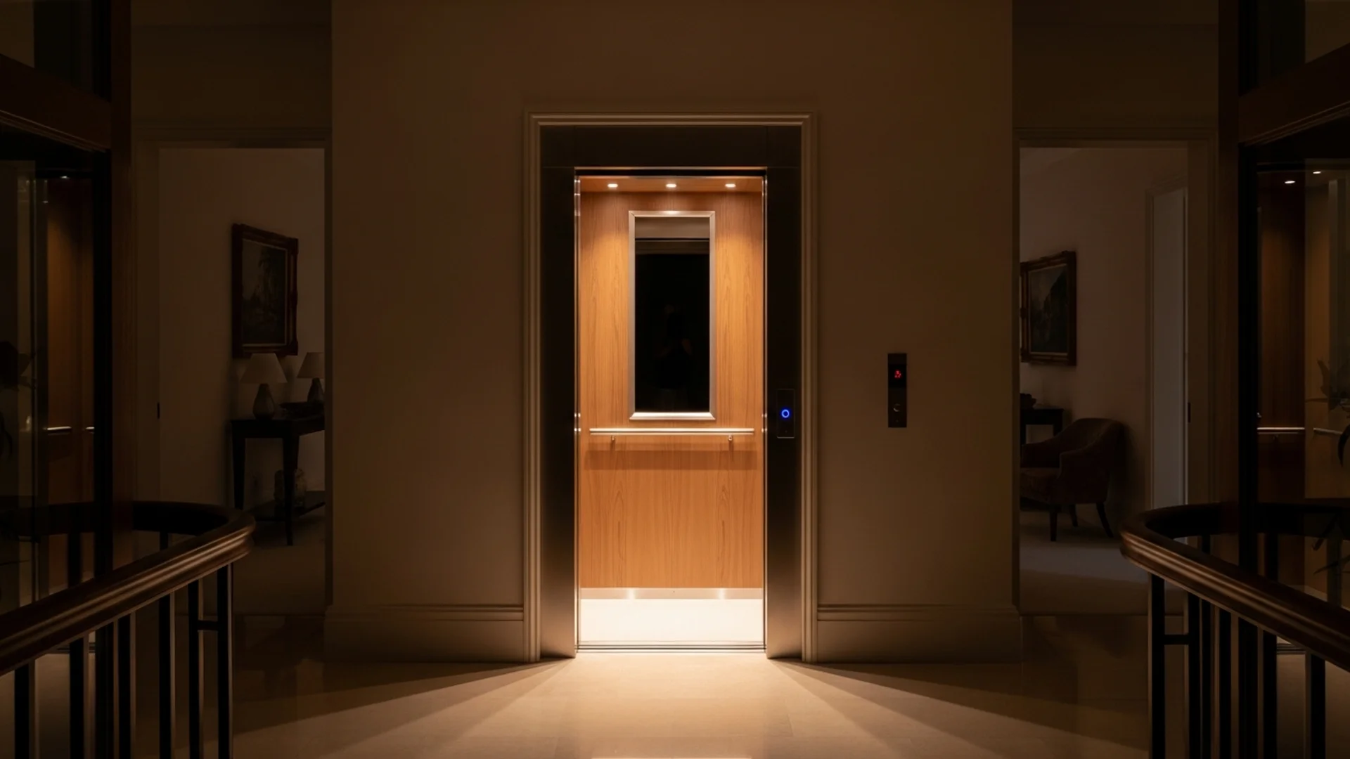 A home lift with a softly glowing interior light stopped level at a landing in a dim evening interior