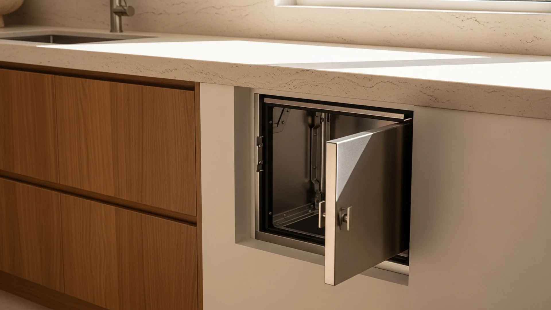 A stainless-steel dumbwaiter with its hatch open in a modern Australian home kitchen beside timber cabinetry and a stone benchtop