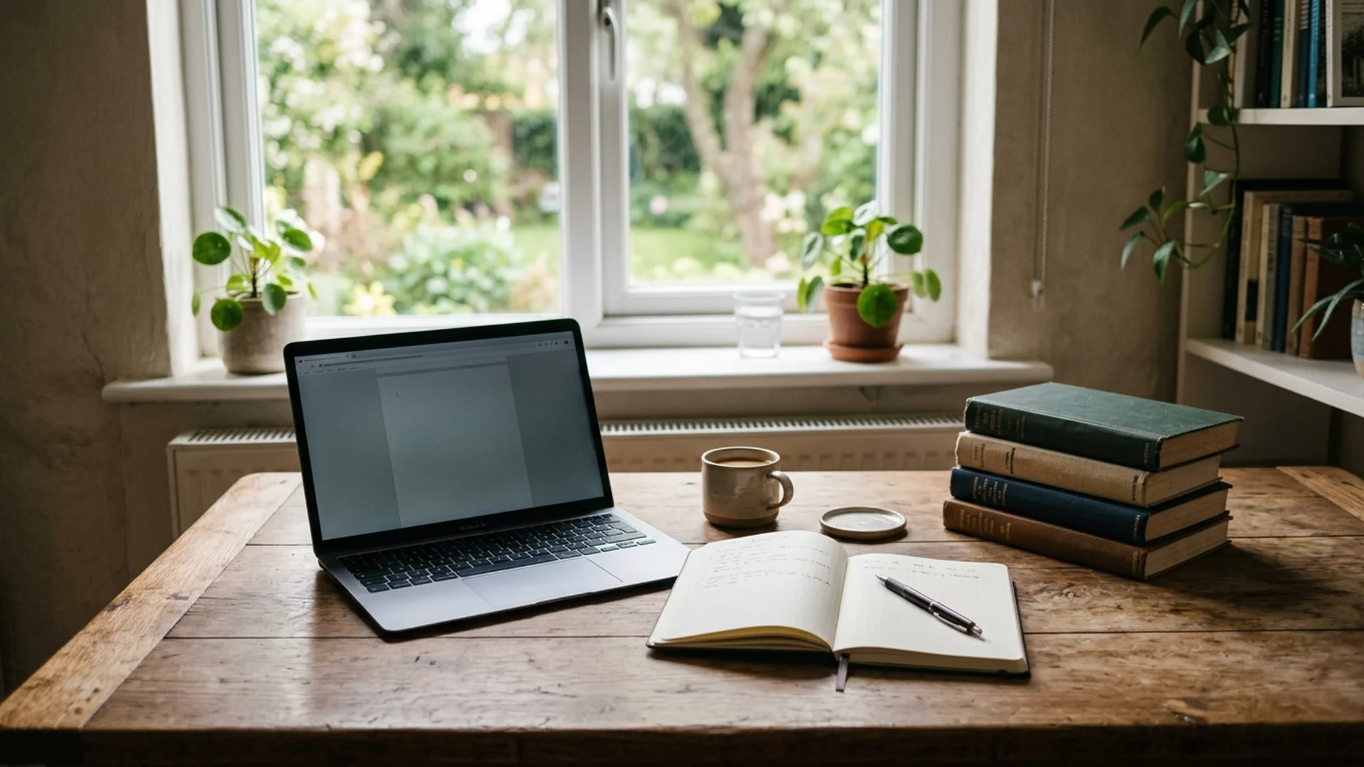 A tidy editorial workspace with a laptop, open notebook and reference books on a timber desk beside a window with soft natural light