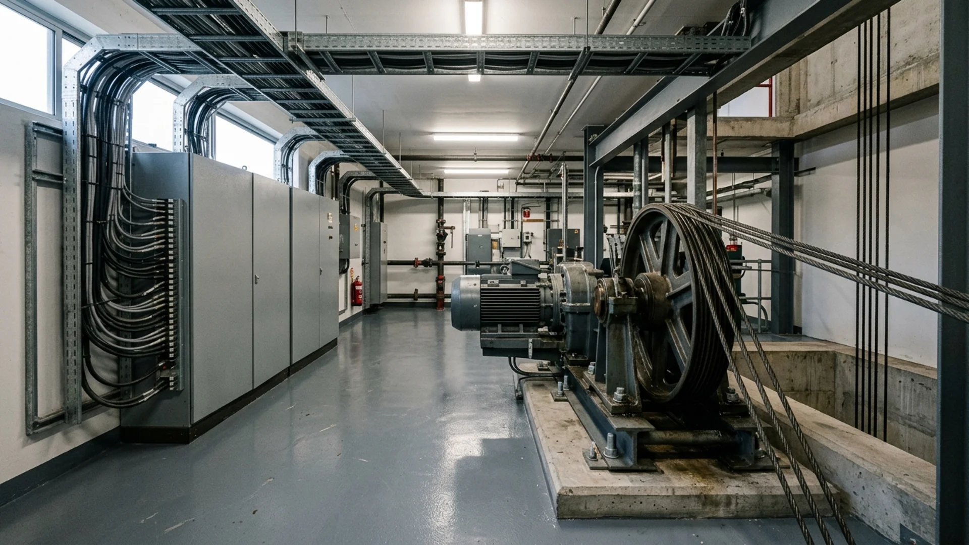 Commercial lift plant room with grey controller cabinets, overhead cable trays and a traction machine with hoist ropes in an Australian building