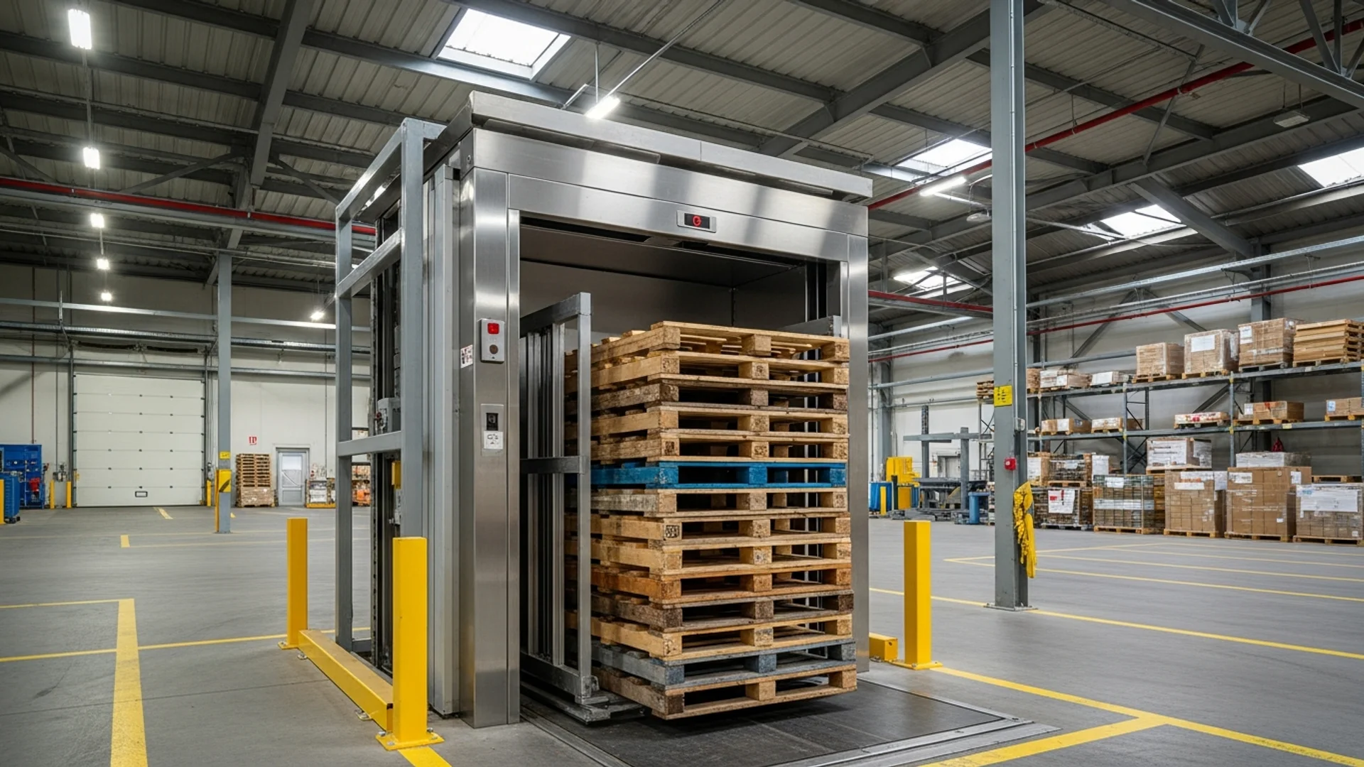 A heavy-duty stainless-steel goods lift loaded with stacked timber pallets at a concrete warehouse loading bay