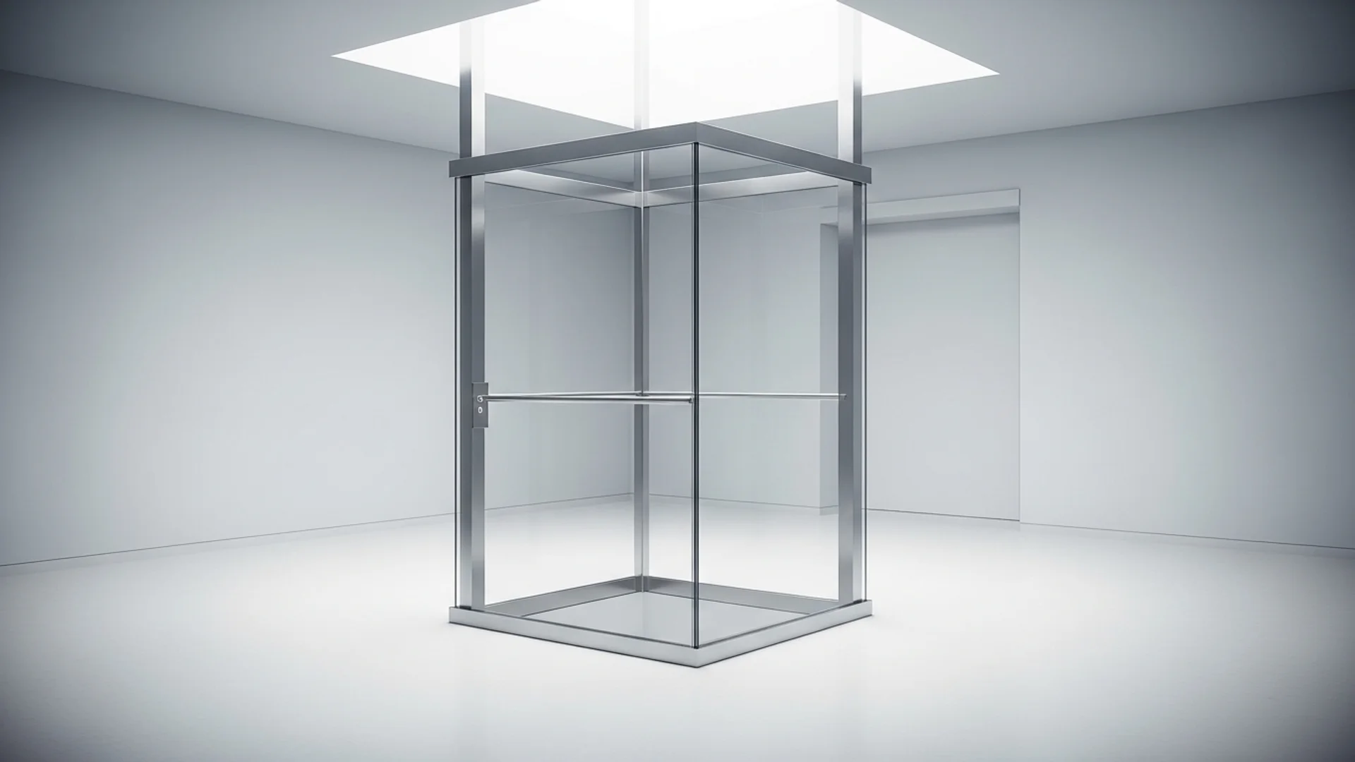 A contemporary home lift with a glass and brushed-steel car in a bright showroom-style interior