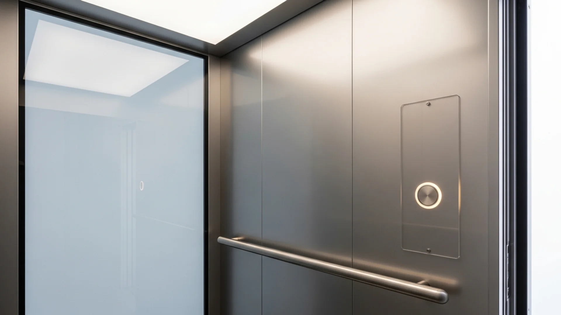 Interior of a modern home lift car with a handrail, control panel and bright ceiling light in an Australian home