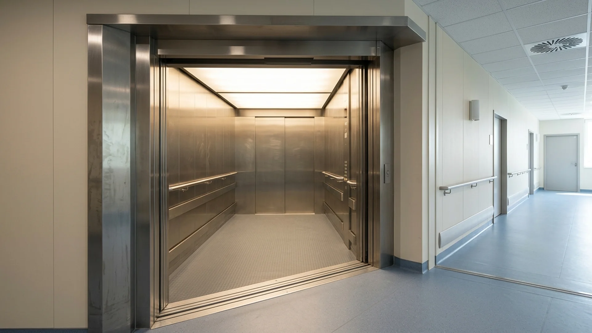 Wide stainless-steel hospital bed lift with doors open onto a clean clinical corridor