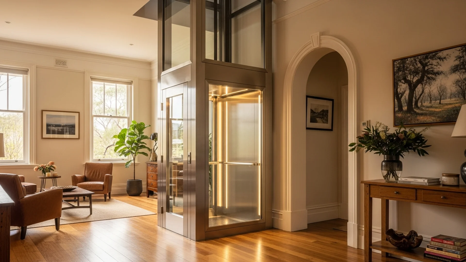A well-kept brushed-steel and glass home lift in an established Australian home