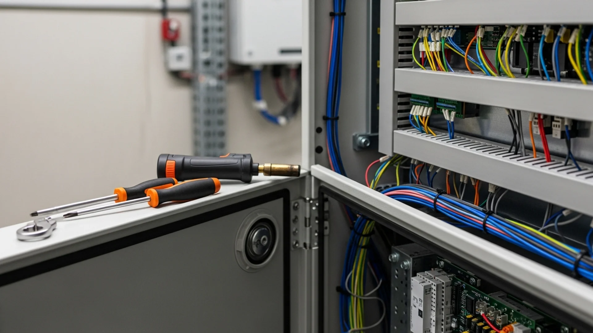 Open lift controller cabinet with hand tools during a service visit in an Australian plant room