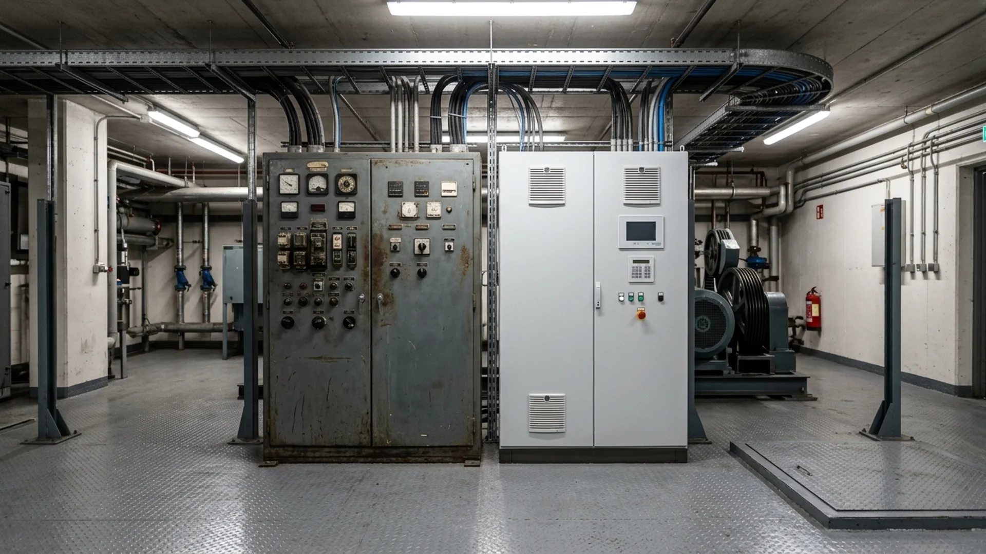 Commercial lift plant room with two controller cabinets of different vintages side by side