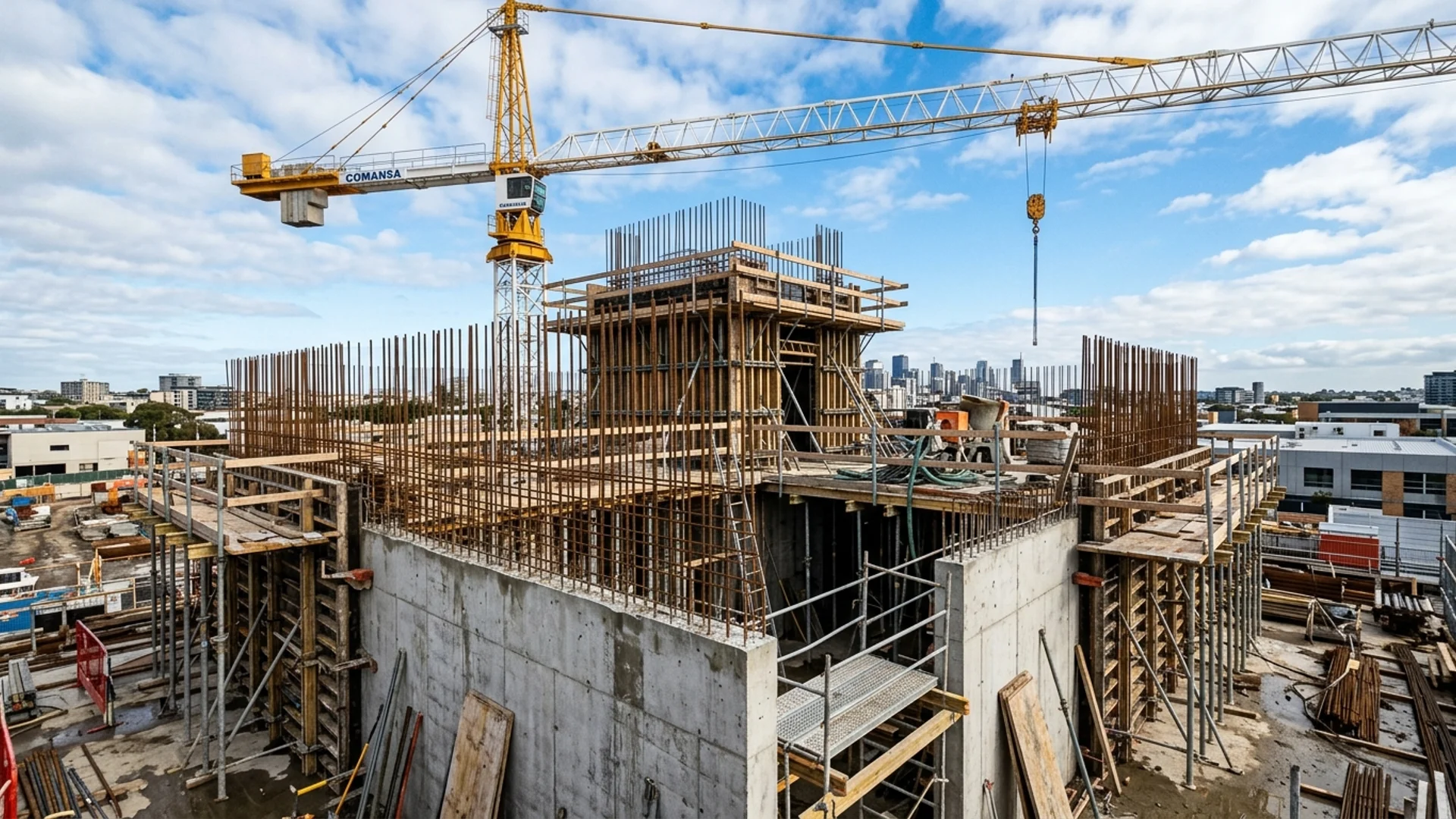 A commercial building core under construction showing a concrete lift shaft with exposed reinforcing bar and timber formwork