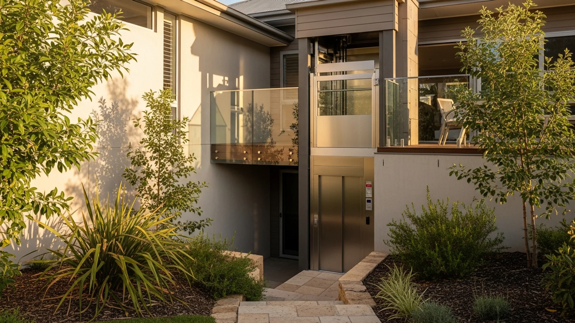 An external home lift with weatherproof cladding and glass mounted against a rendered Australian home, linking the garden level to an upper deck in warm afternoon light