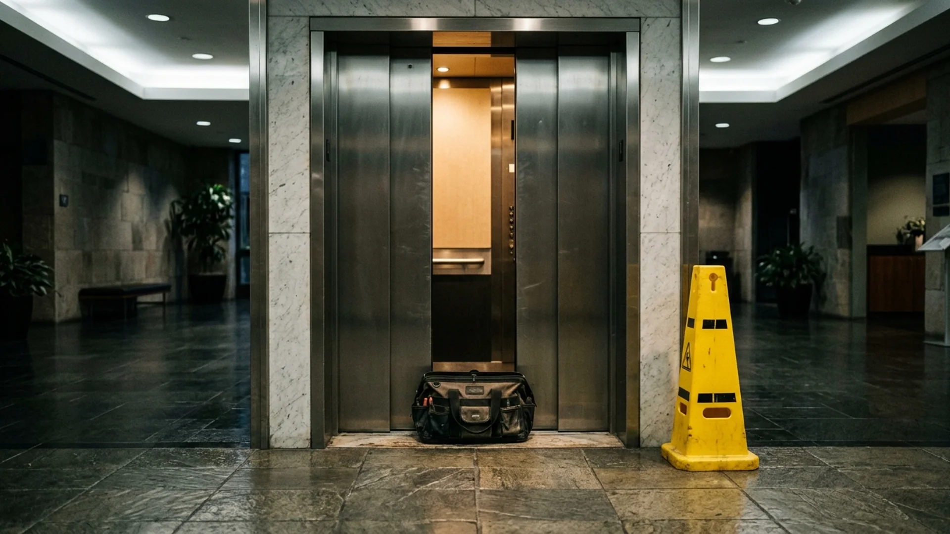 A passenger lift in a commercial lobby with its doors held part-open and a hazard cone nearby, out of service