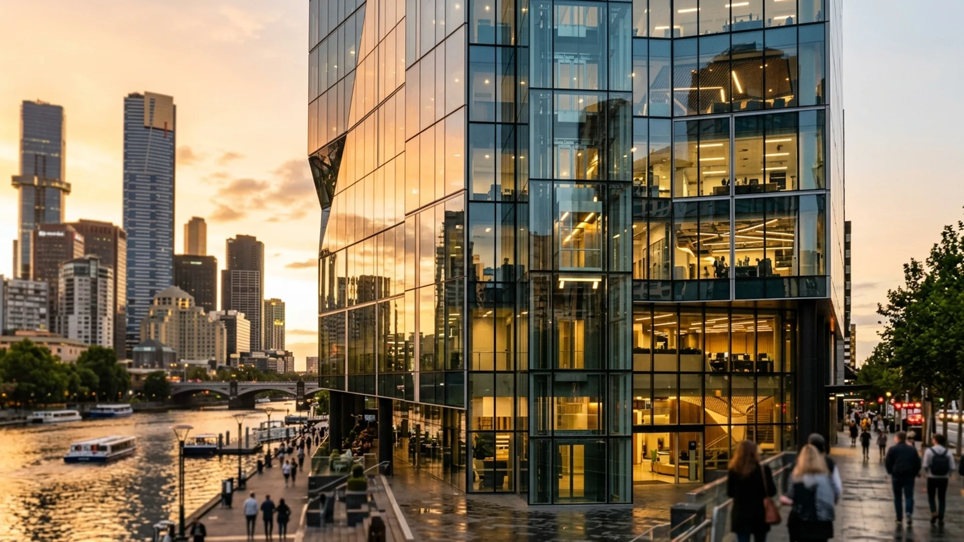 Modern glass-fronted commercial building in Melbourne's CBD at golden hour