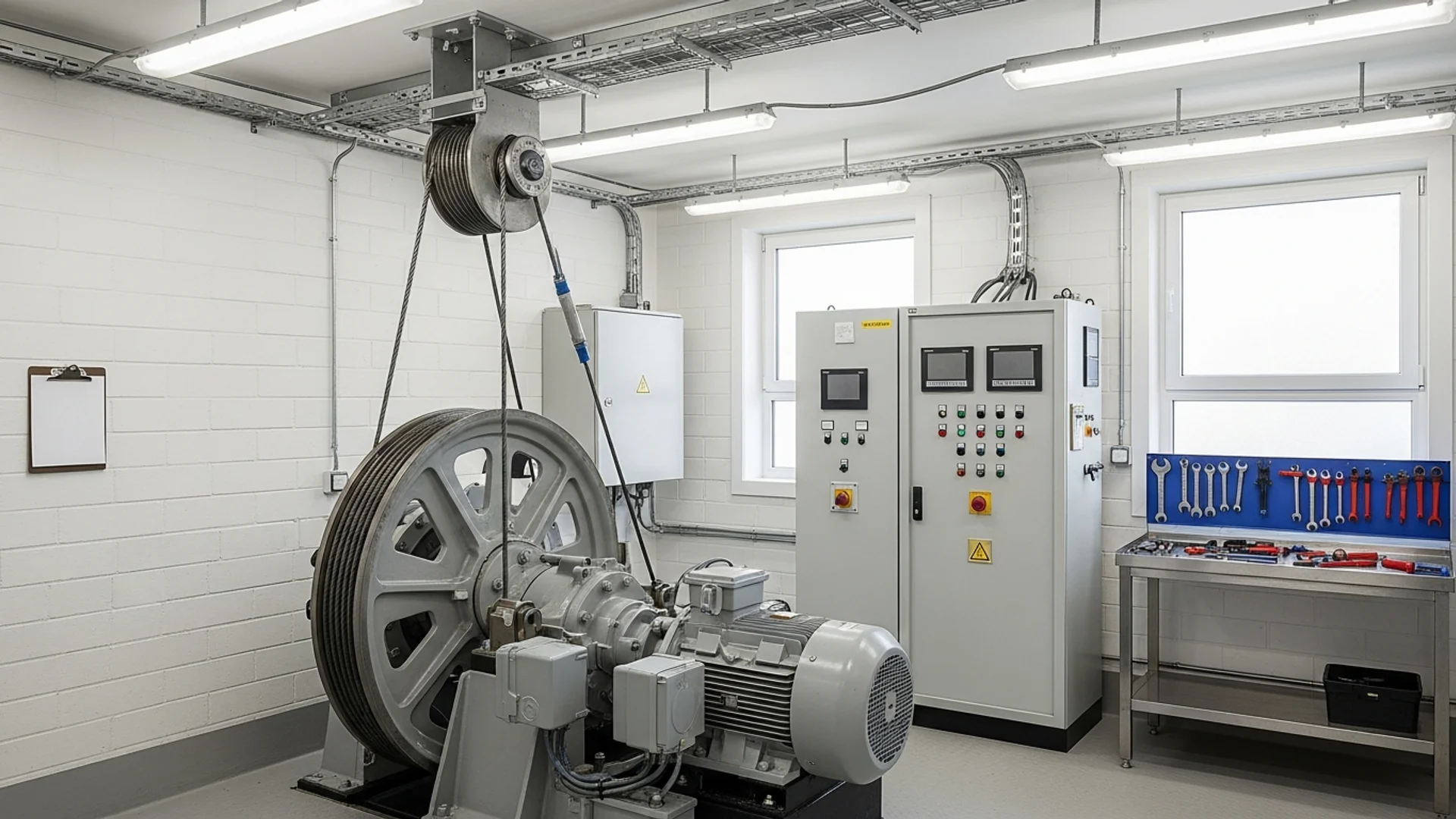 Lift motor room with a traction machine, controller cabinet and a service bench in an Australian building