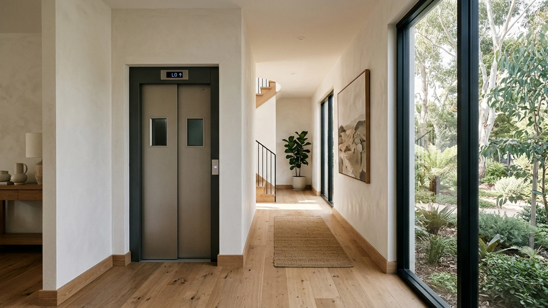 A sleek modern home lift with closed doors integrated quietly into a calm, softly lit Australian hallway
