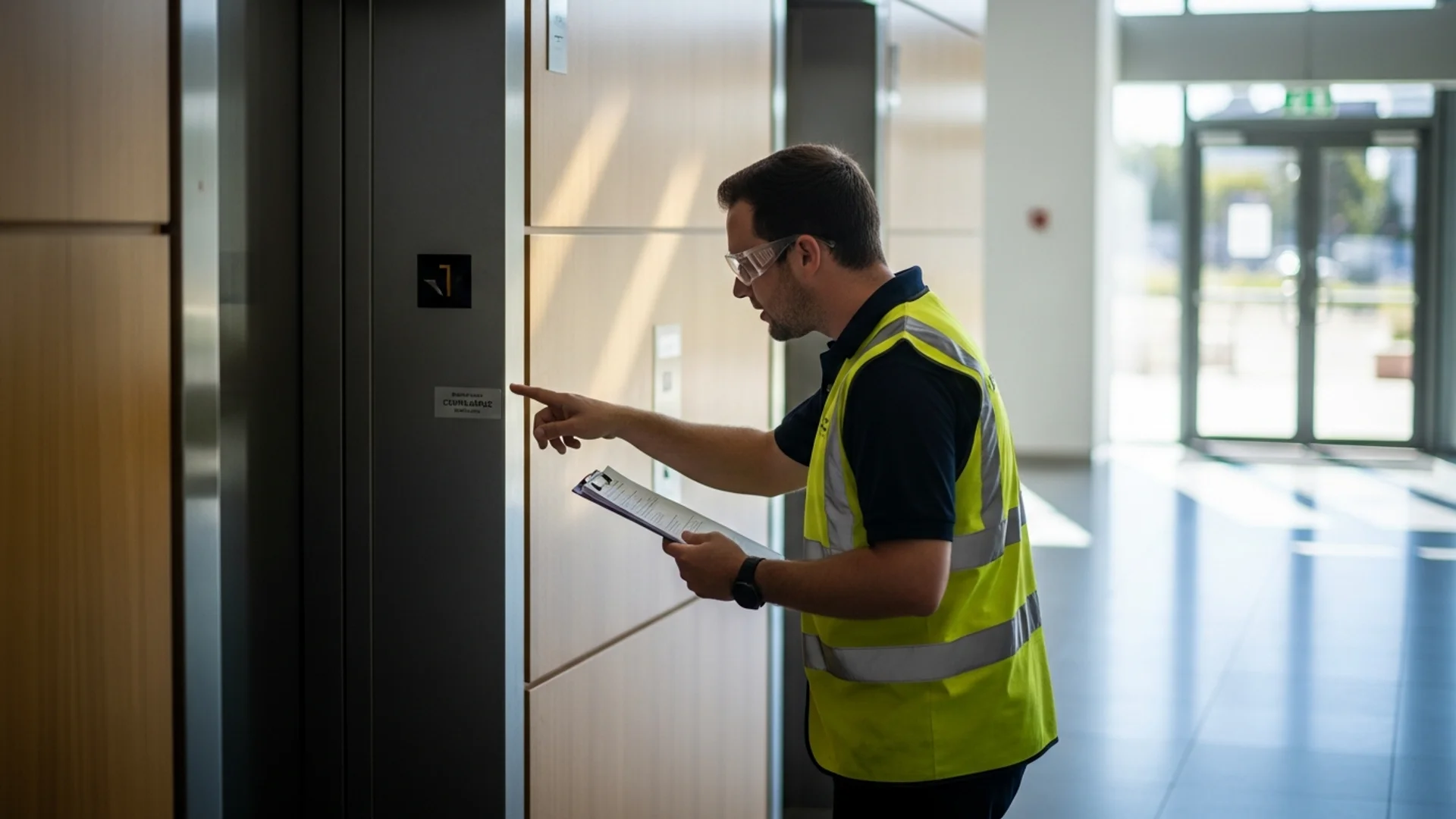 Safety inspector examining a passenger lift in an Australian commercial building