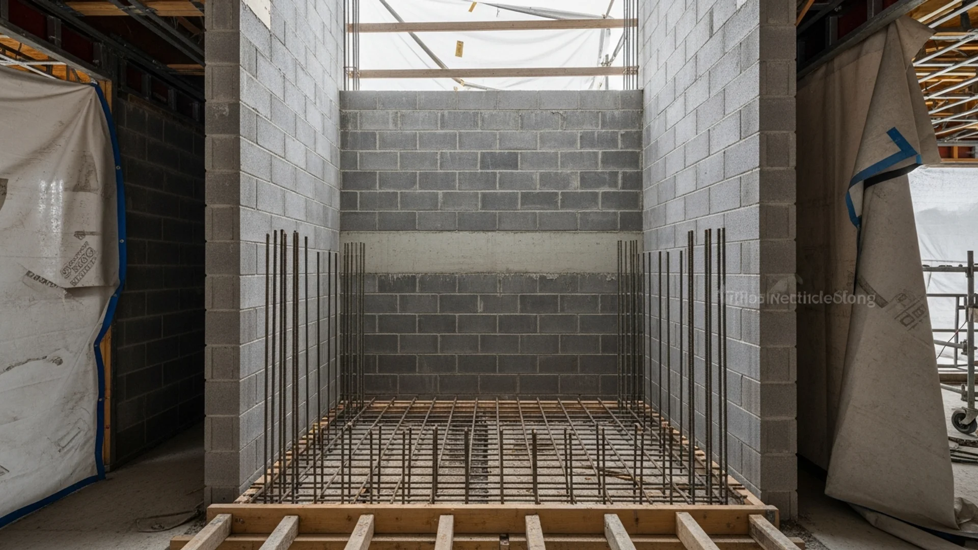 A residential lift shaft under construction inside an Australian home, grey blockwork walls rising through two levels with reo starter bars at the base