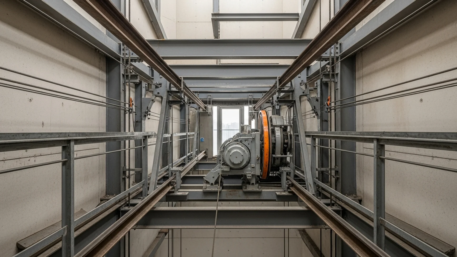 Compact gearless traction machine mounted in a lift shaft head, technical documentary lighting