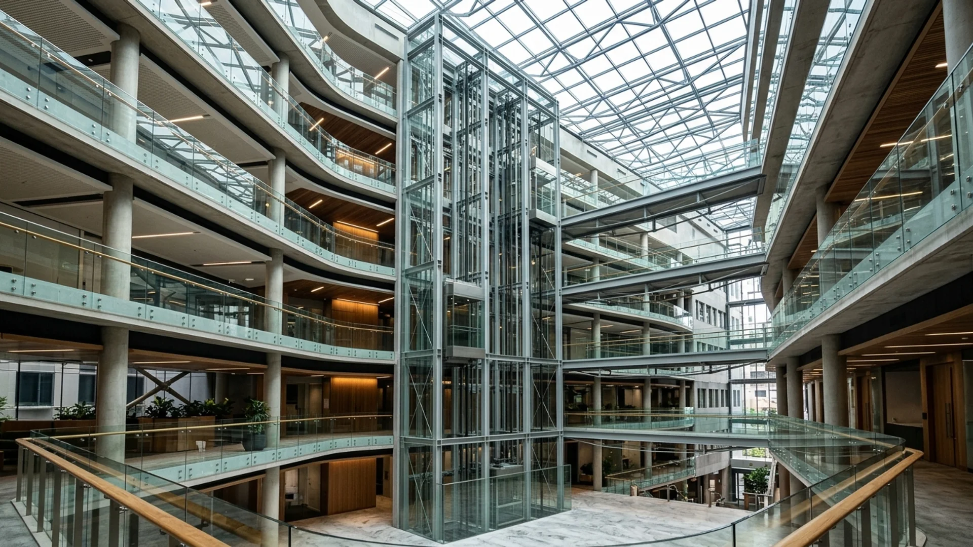 Glass passenger lifts rising through a naturally lit atrium in a multi-storey Australian commercial building