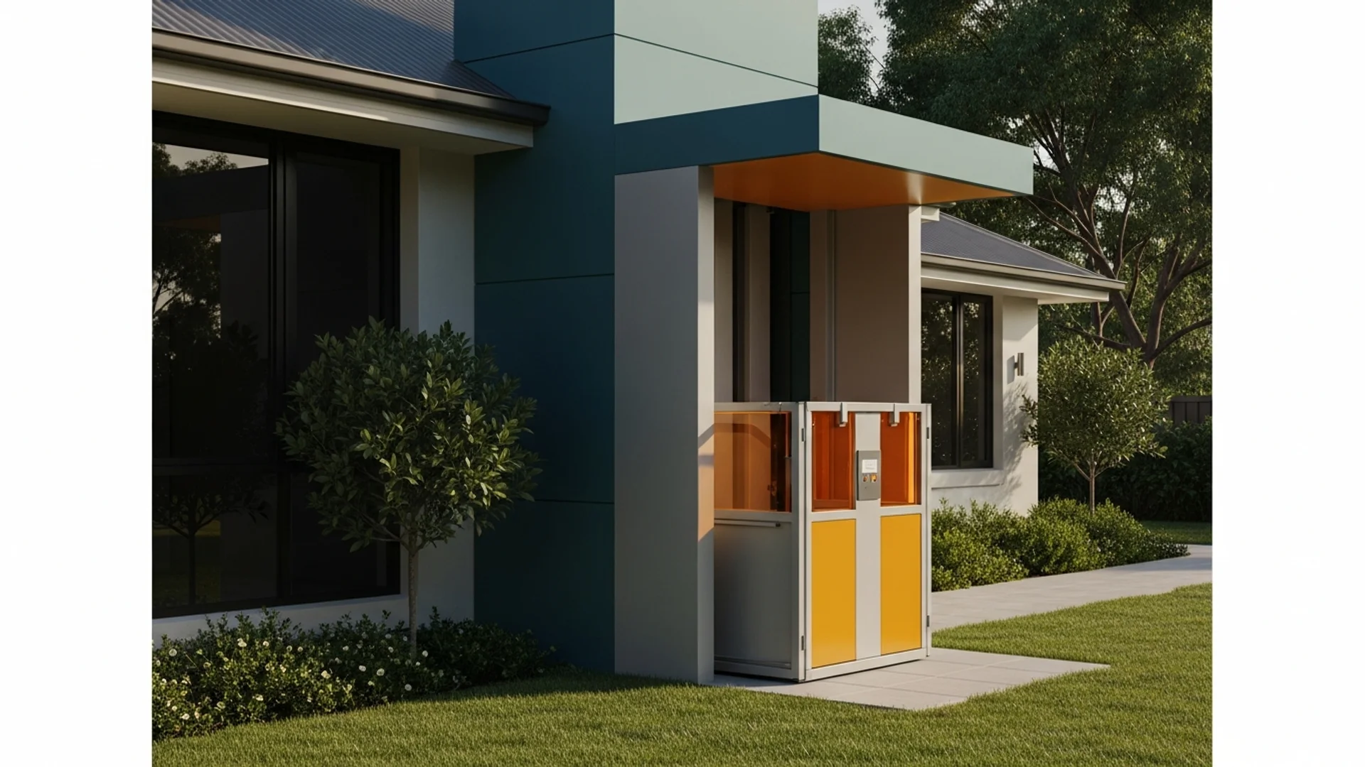 Outdoor platform lift installed beside an Australian home with garden setting and weather protection