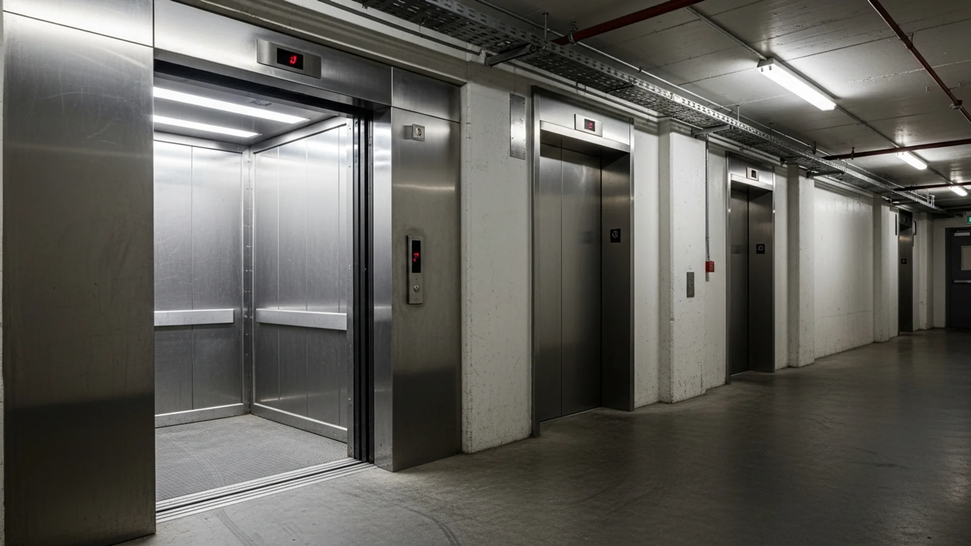 Robust stainless-steel goods lift with doors open beside a finished passenger lift entrance in a commercial back-of-house corridor under service lighting