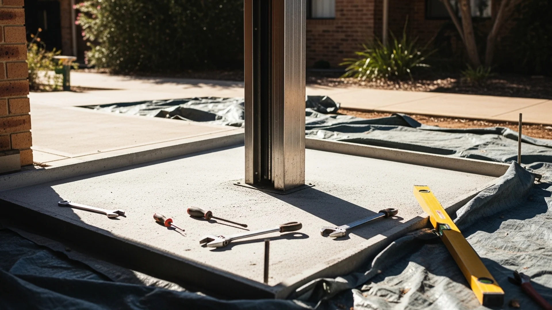 A vertical platform lift being installed at the entrance of an Australian home, with a freshly formed concrete base and the lift mast being positioned
