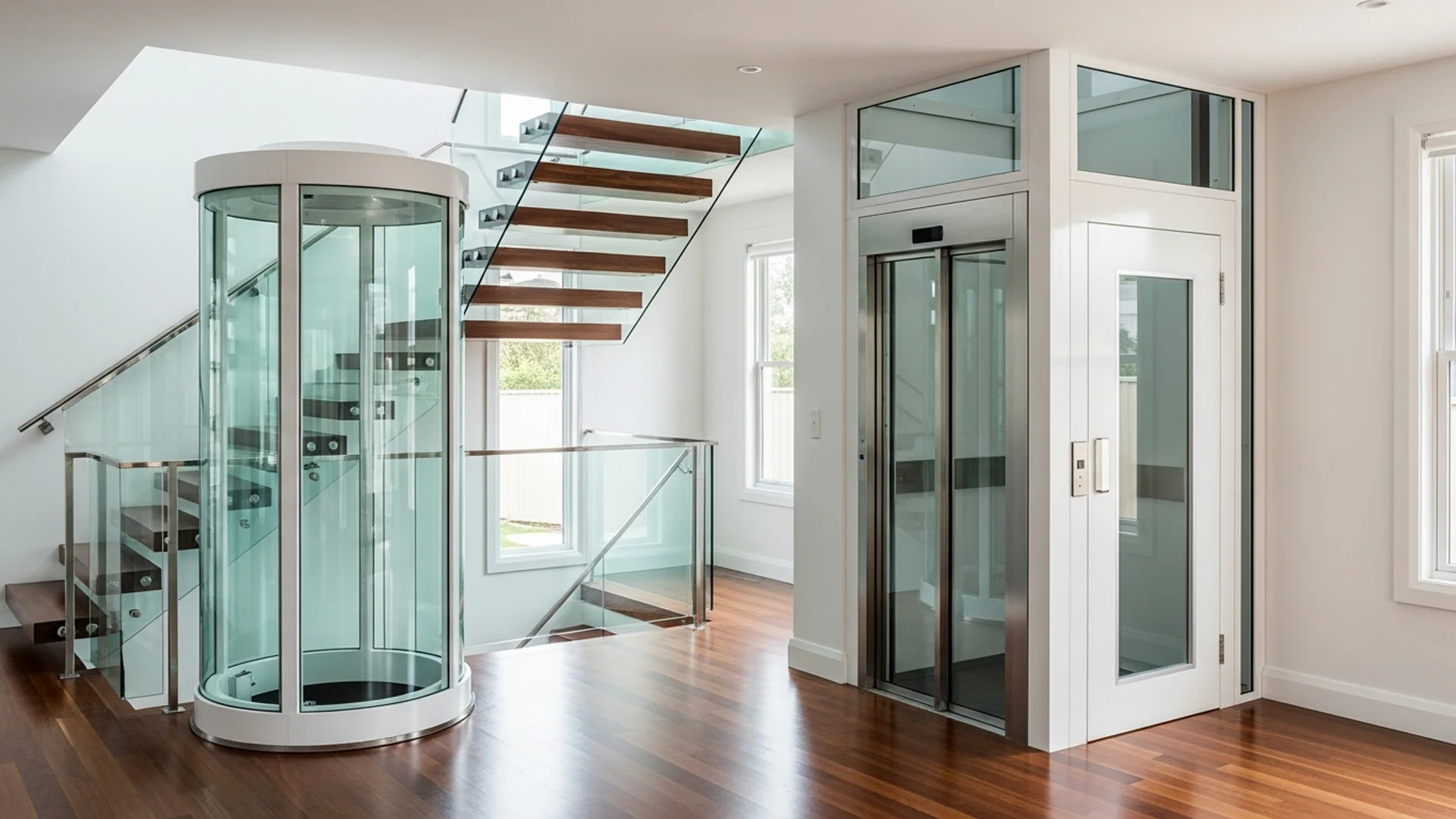 Compact self-supporting glass home lift rising through two levels of a contemporary Australian home with soft natural light