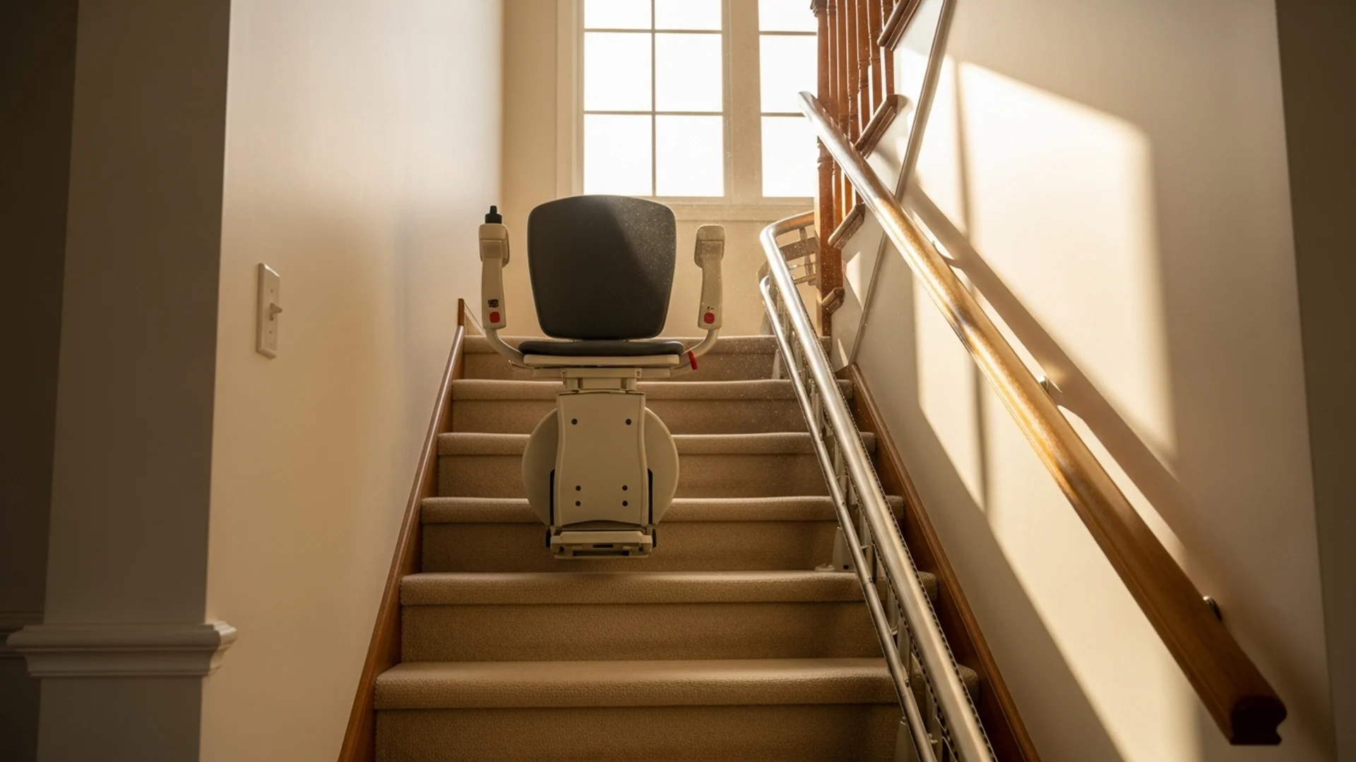 A straight stairlift with the seat folded against the rail on a carpeted staircase in an Australian home