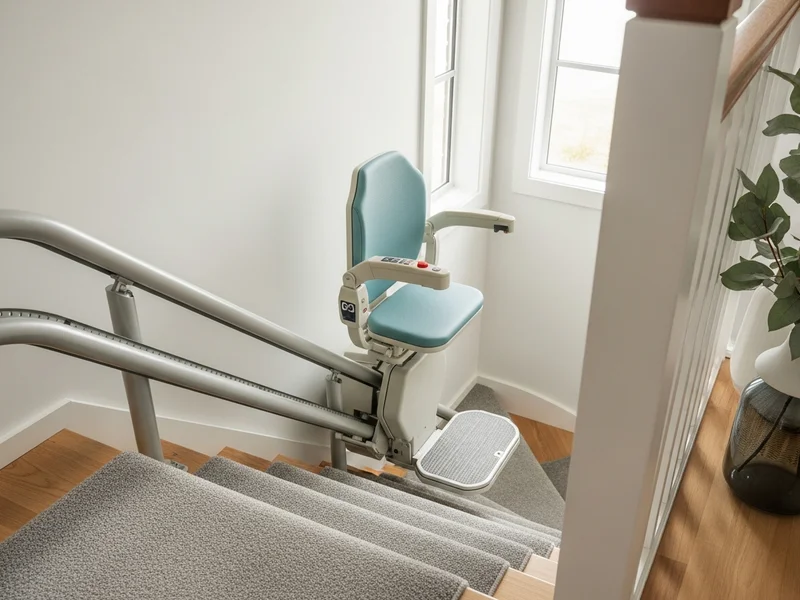 Close-up of stairlift rail and seat installed on a residential staircase