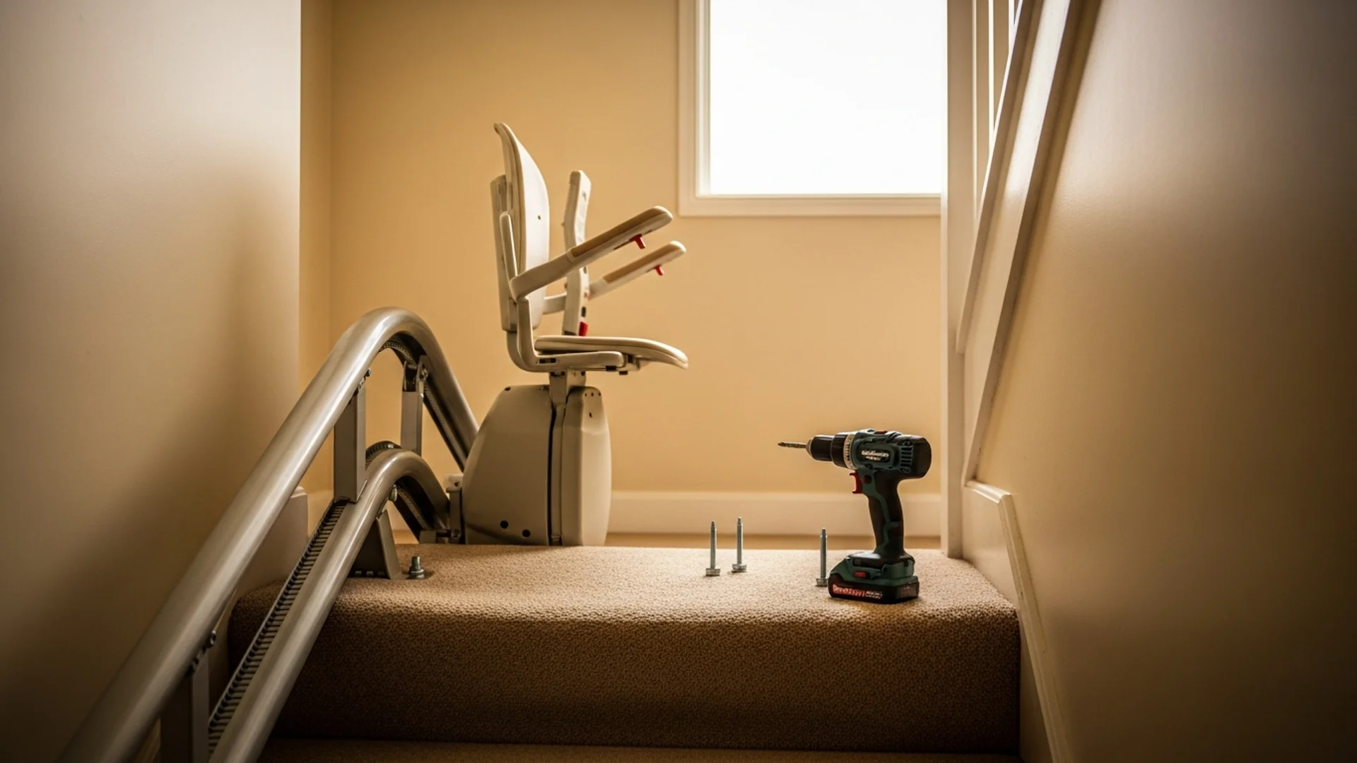 A stairlift rail being fitted to a carpeted domestic staircase, with the seat unit part-mounted on the track and a cordless drill resting on a stair tread