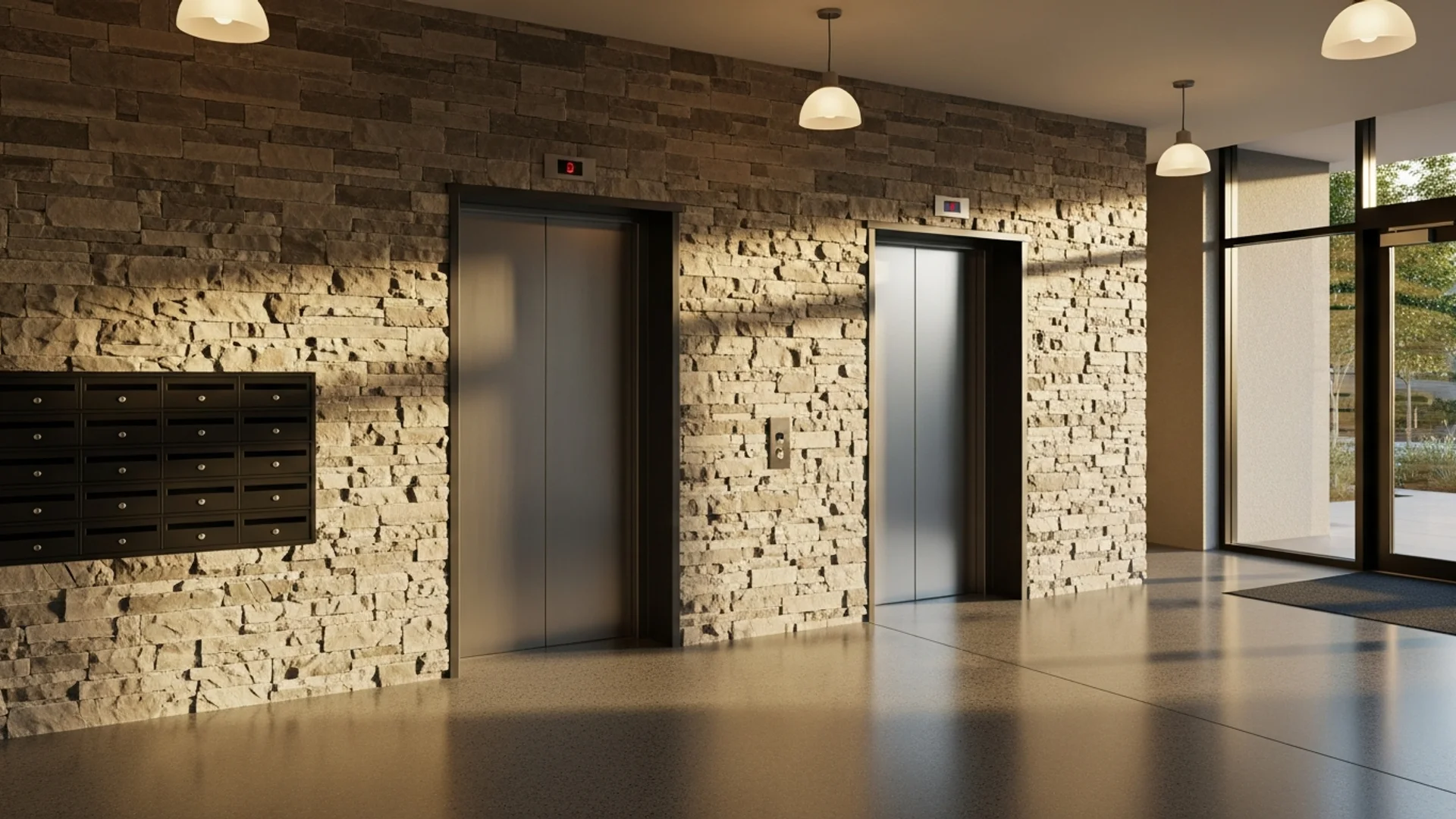 Ground-floor lift lobby of a contemporary Australian apartment building with brushed-stainless lift doors