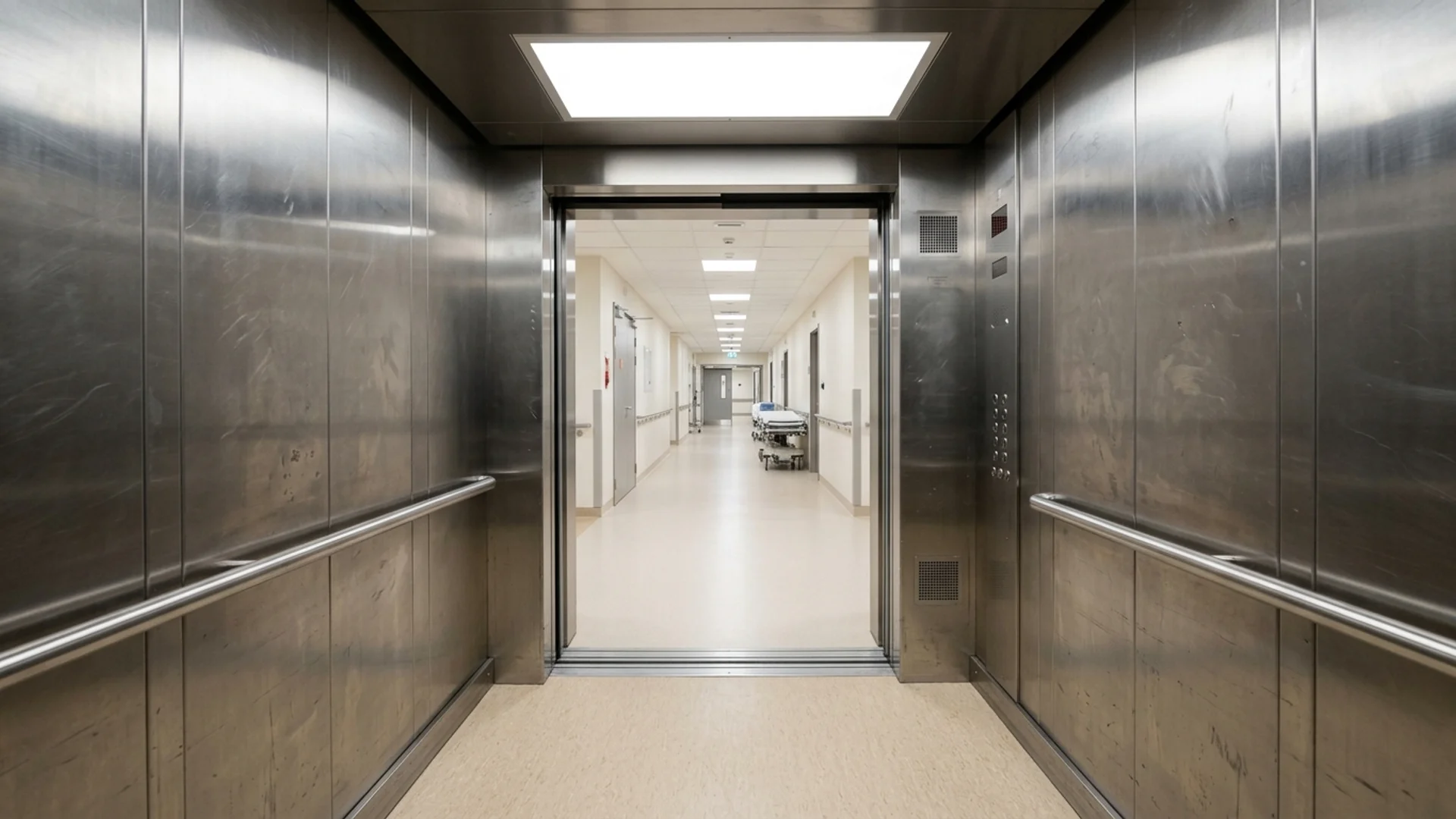 Interior of a deep stainless-steel stretcher lift car with doors open onto a clinical corridor