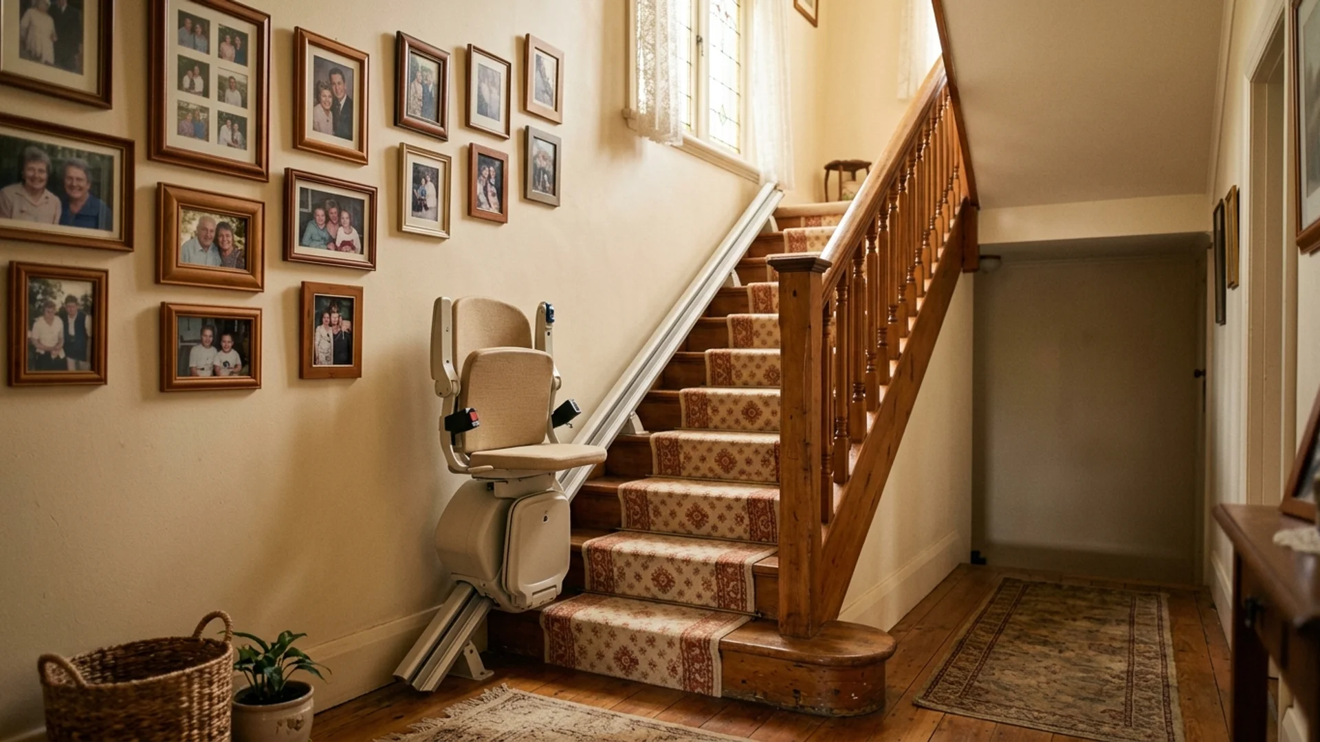 A stairlift on the staircase of a warm older Australian home