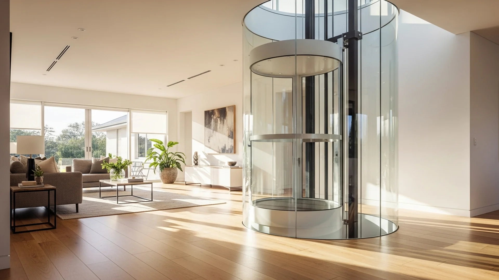 Cylindrical glass pneumatic vacuum home lift in a bright contemporary Australian living space with timber floors and soft natural light