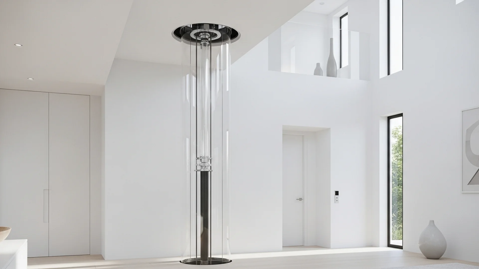 Pneumatic vacuum lift installed in a bright modern Australian home with transparent cylindrical tube
