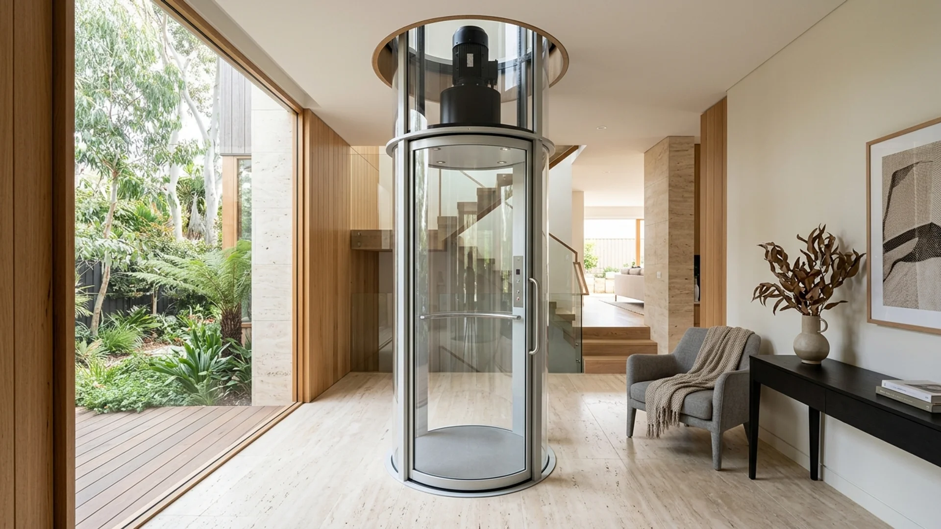 Pneumatic vacuum lift installed in a bright modern Australian home with transparent cylindrical tube