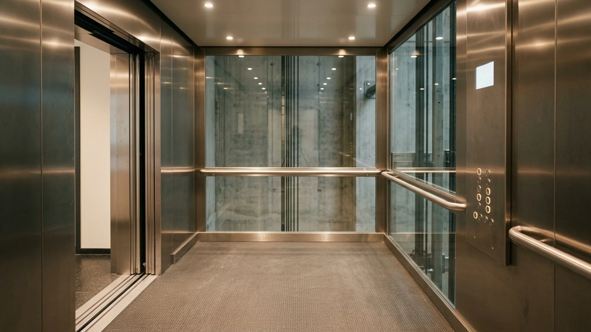 Interior of a spacious accessible lift car with a wide clear doorway and wall handrail